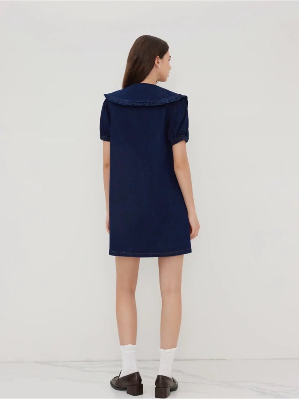 Cider Peter Pan Collar Denim Mini Dress Upcycled Thanksgiving Patches Size M - Picture 3 of 16